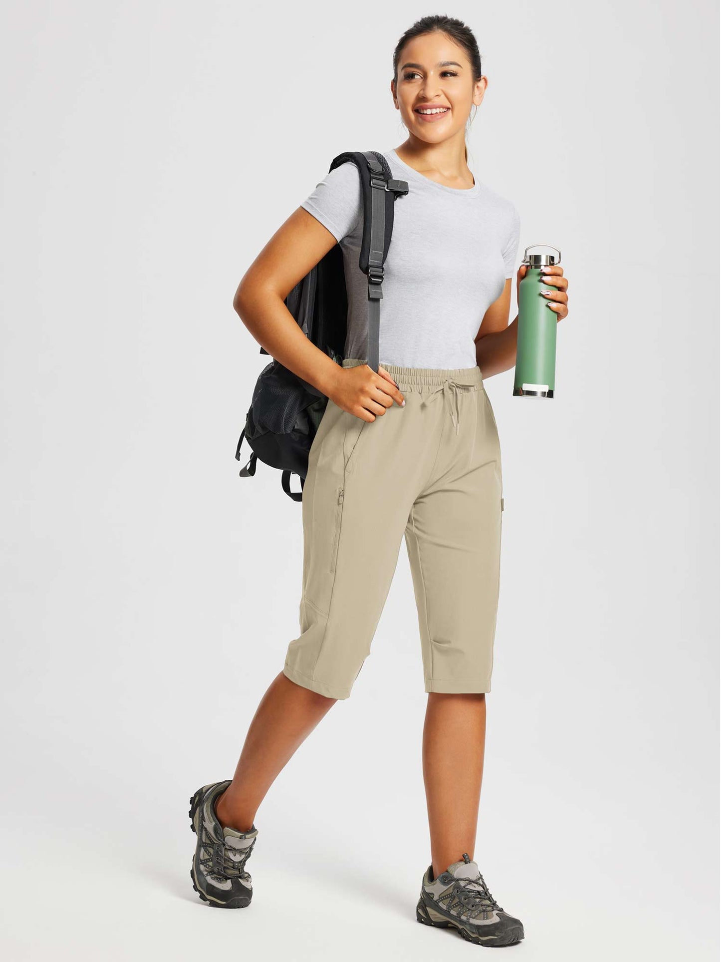 Damskie Spodnie Outdoor Capri z Kieszeniami i Regulowanym Pasem