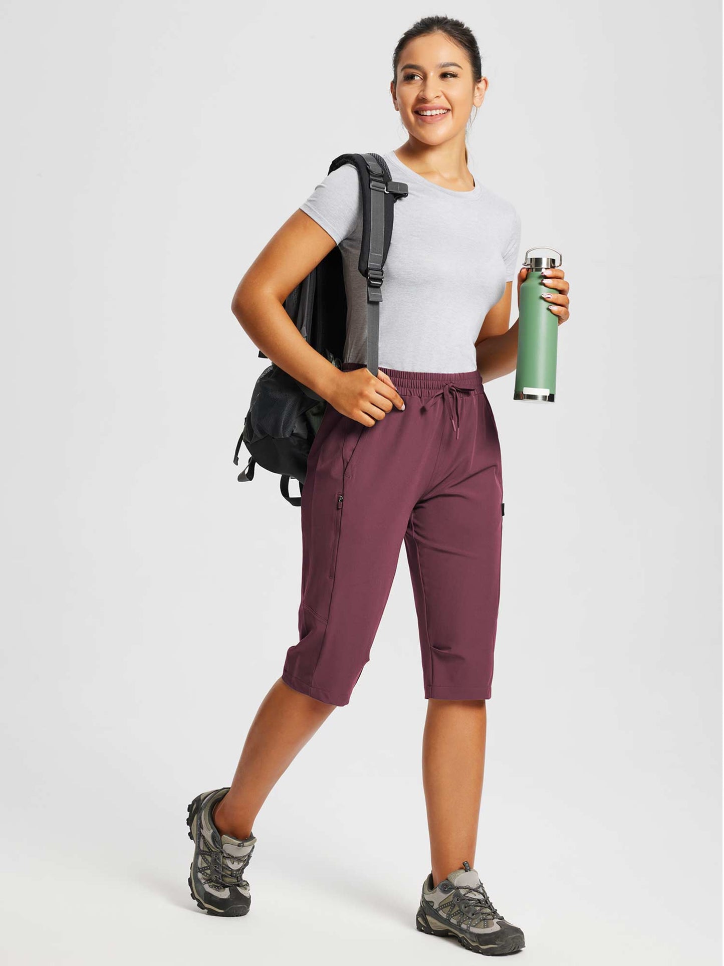 Damskie Spodnie Outdoor Capri z Kieszeniami i Regulowanym Pasem