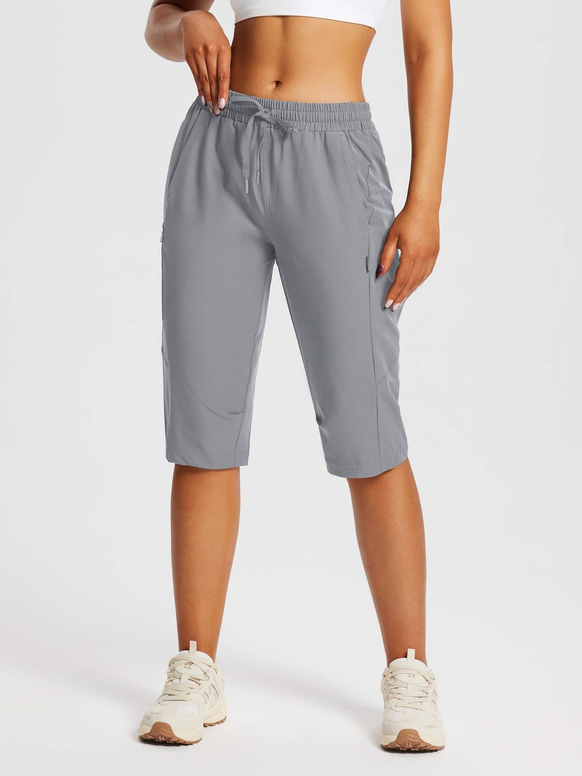 Damskie Spodnie Outdoor Capri z Kieszeniami i Regulowanym Pasem