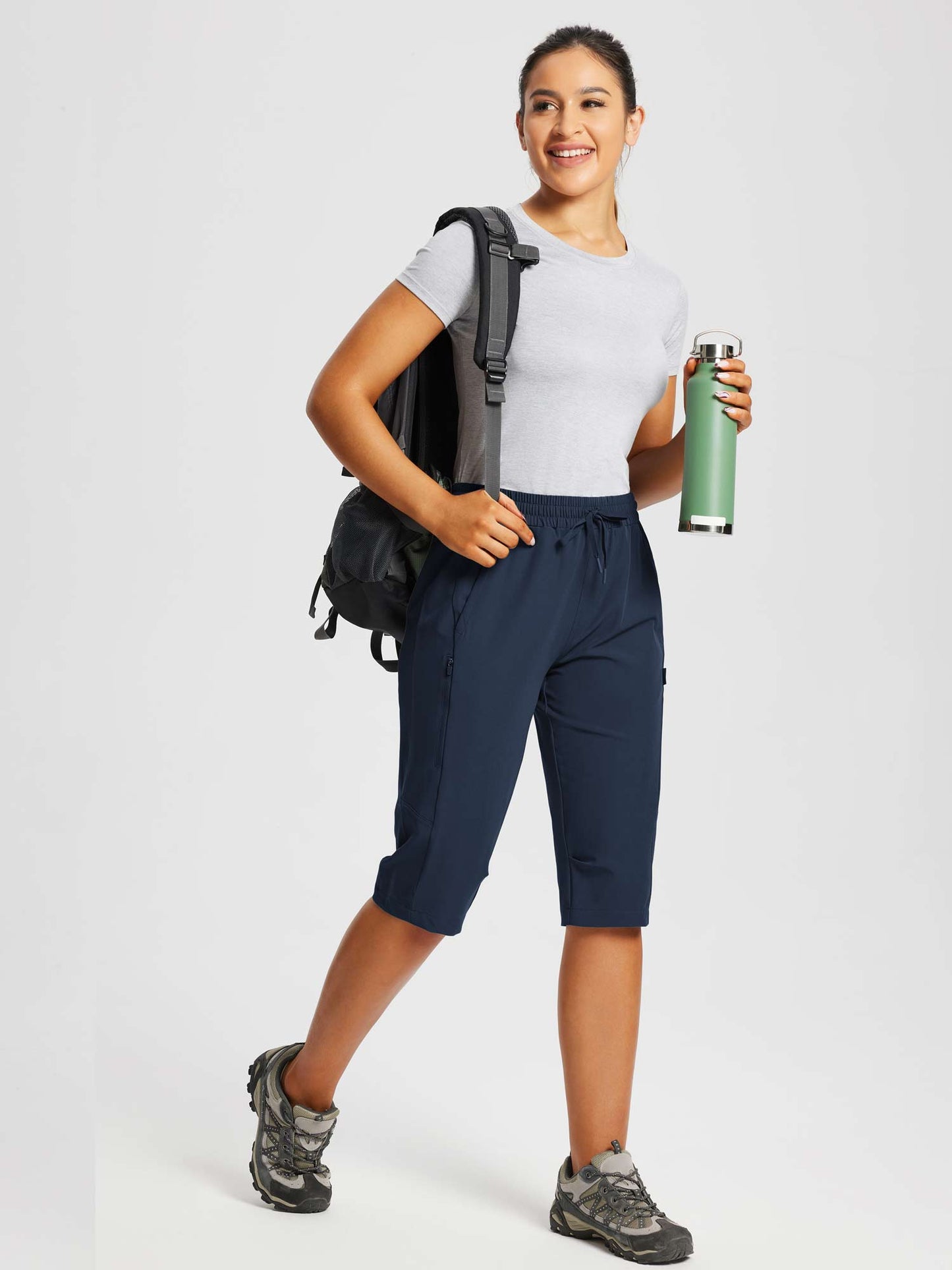 Damskie Spodnie Outdoor Capri z Kieszeniami i Regulowanym Pasem