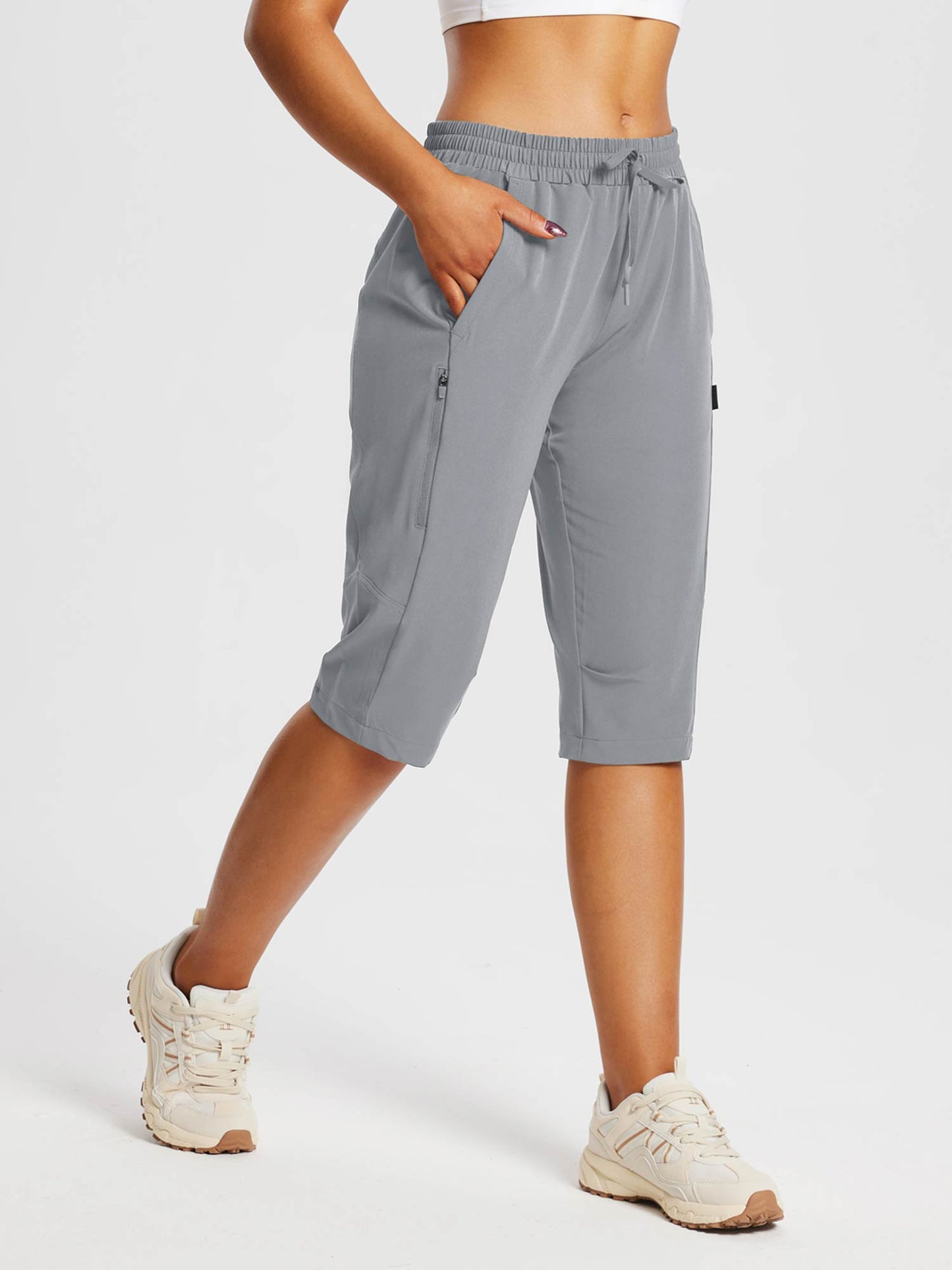 Damskie Spodnie Outdoor Capri z Kieszeniami i Regulowanym Pasem