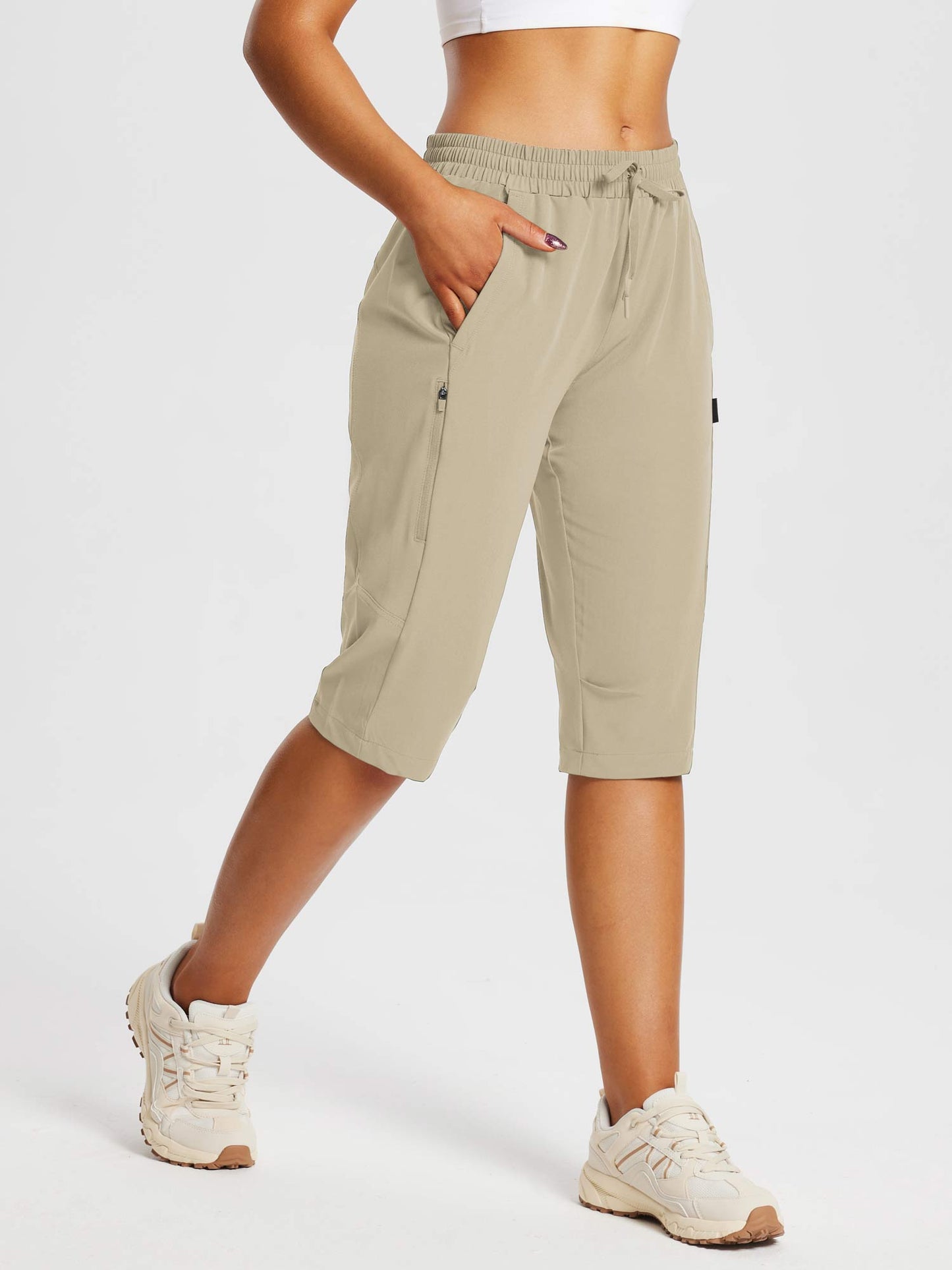 Damskie Spodnie Outdoor Capri z Kieszeniami i Regulowanym Pasem