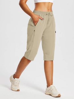 Damskie Spodnie Outdoor Capri z Kieszeniami i Regulowanym Pasem