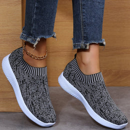 Damskie Dzianinowe Buty Typu Sock z Paskami, Okrągłym Noskiem i Płaską Podeszwą