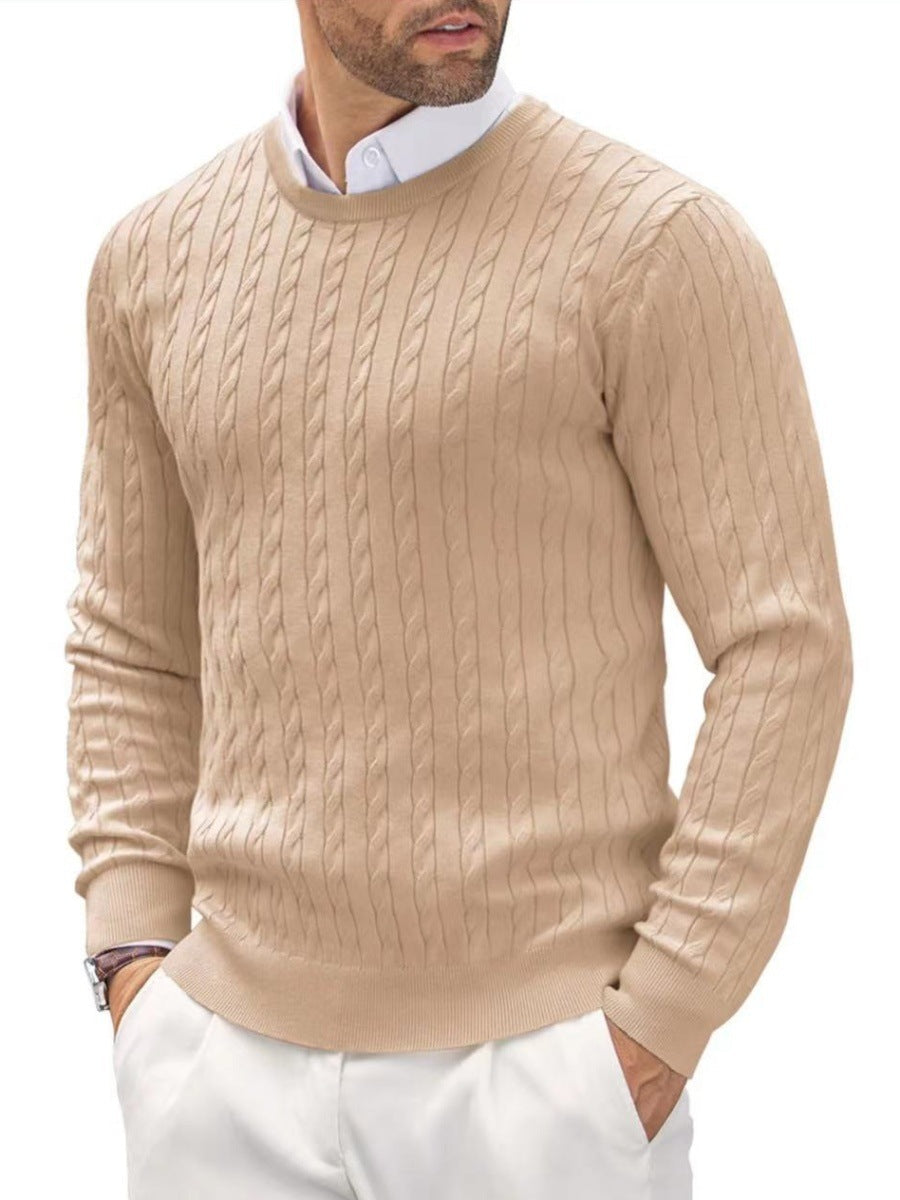 Męski Sweter Jesienny Dzianinowy Slim Fit Skręcony Wzór Okrągły Dekolt