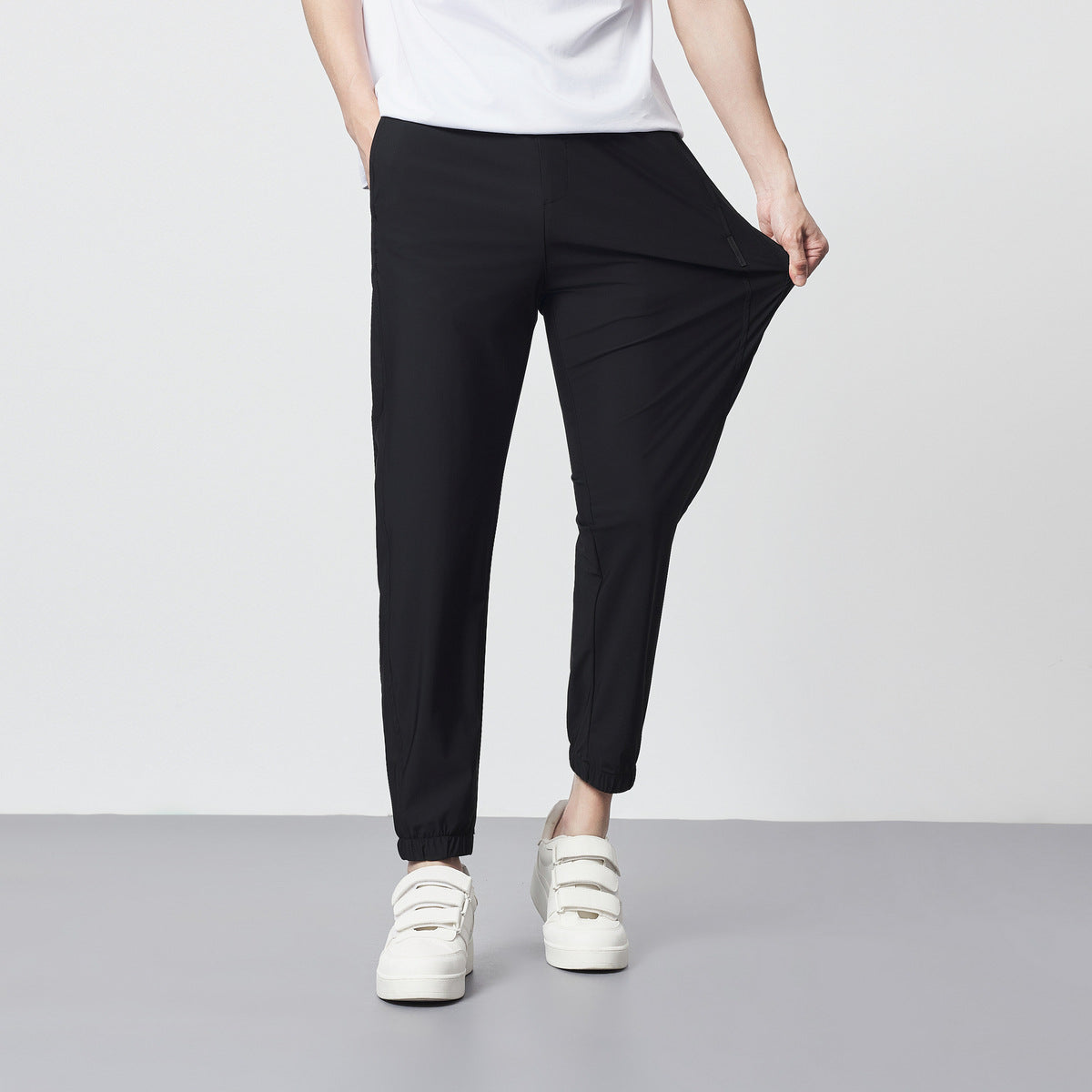Meskie Letnie, Lodowo-Jedwabne, Chlodne, Cienkie, Skrocone, Zwezane Spodnie Ze Srednim Stanem I Dlugoscia Do Kostki, Ze Sciagaczem Micro Elastic
