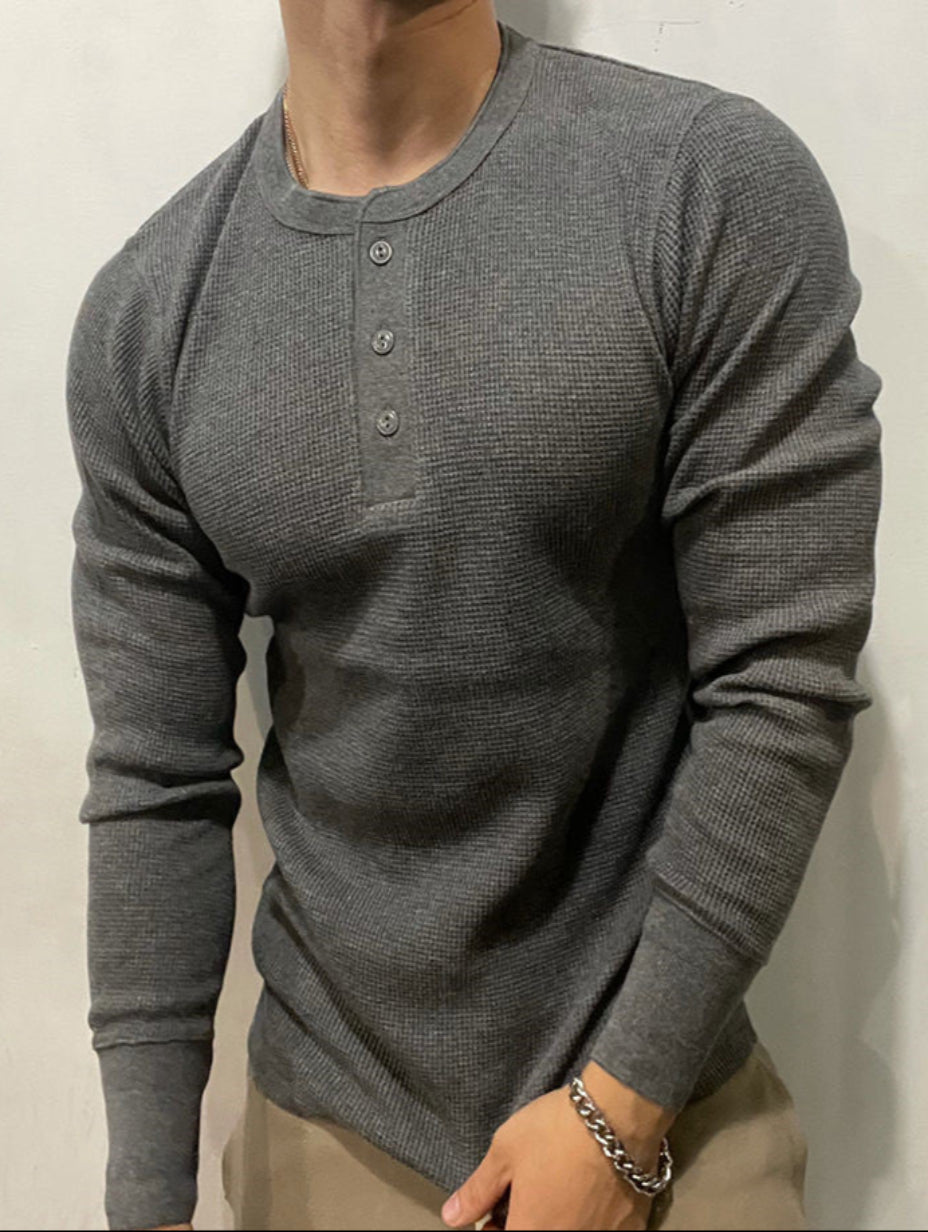 Męska Koszulka Z Długim Rękawem I Kołnierzykiem Henry'Ego, Dzianinowa Tekstura Waflowa, Dopasowana Do Sylwetki